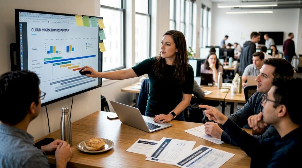 Team studying cloud migration roadmap collaboratively