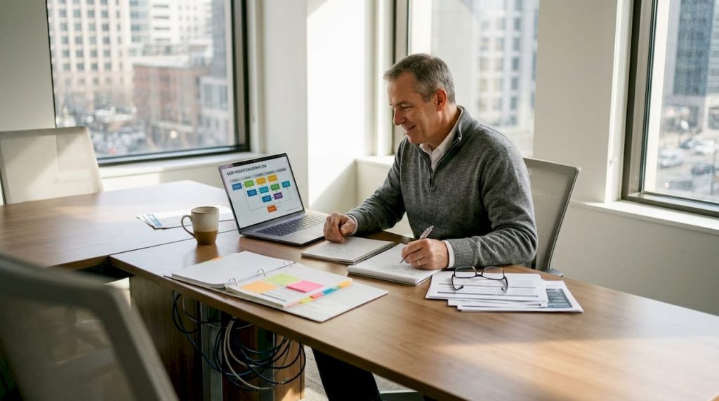 IT manager reviewing AWS migration plan at office table