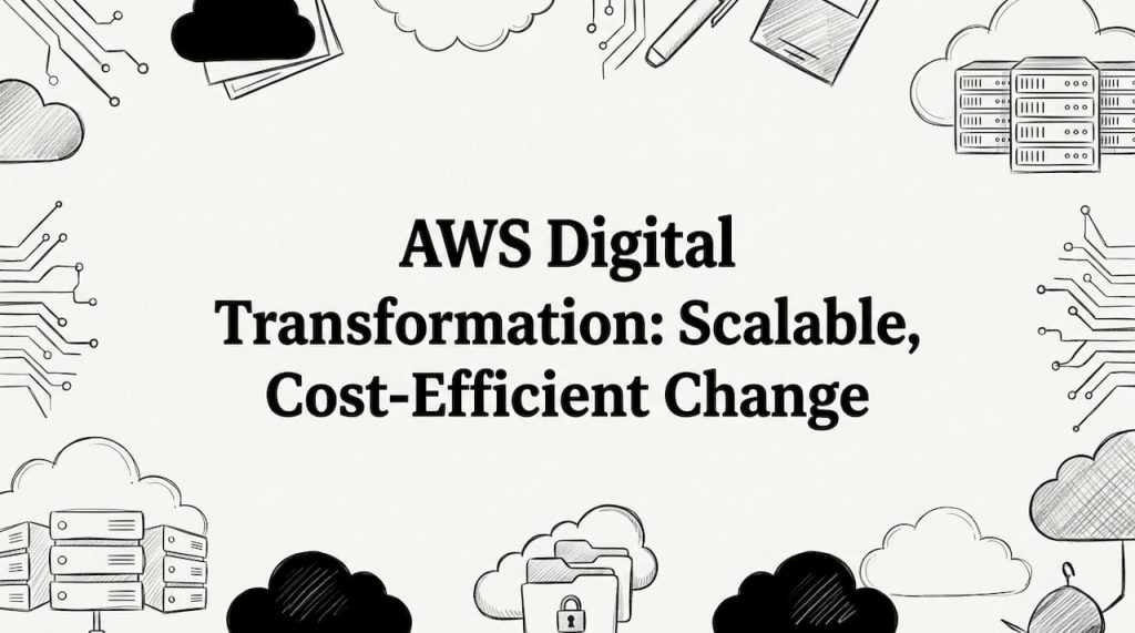 Hand-sketched cloud servers and tech icons around a clean title space