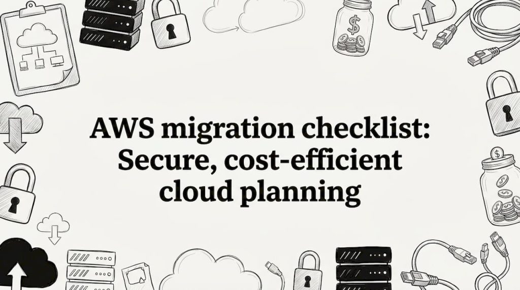 Hand-drawn cloud migration checklist framing illustration