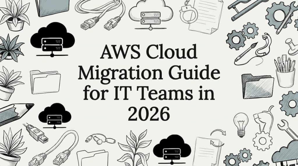 Decorative AWS migration title card illustration, tech objects in corners