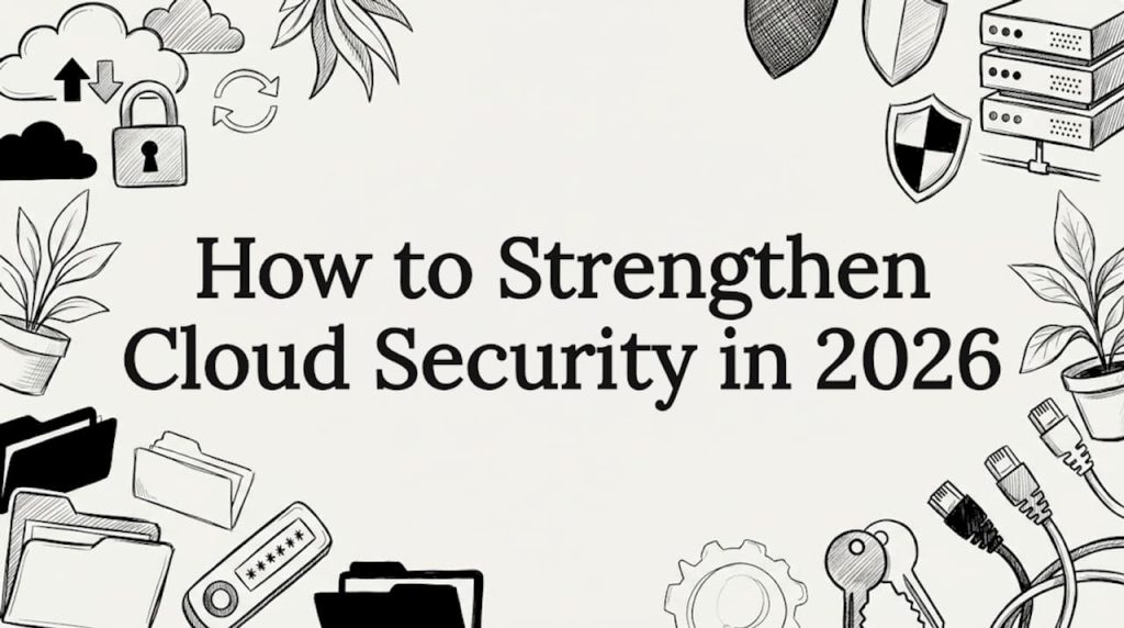 Hand-drawn cloud and security icons frame blog title area