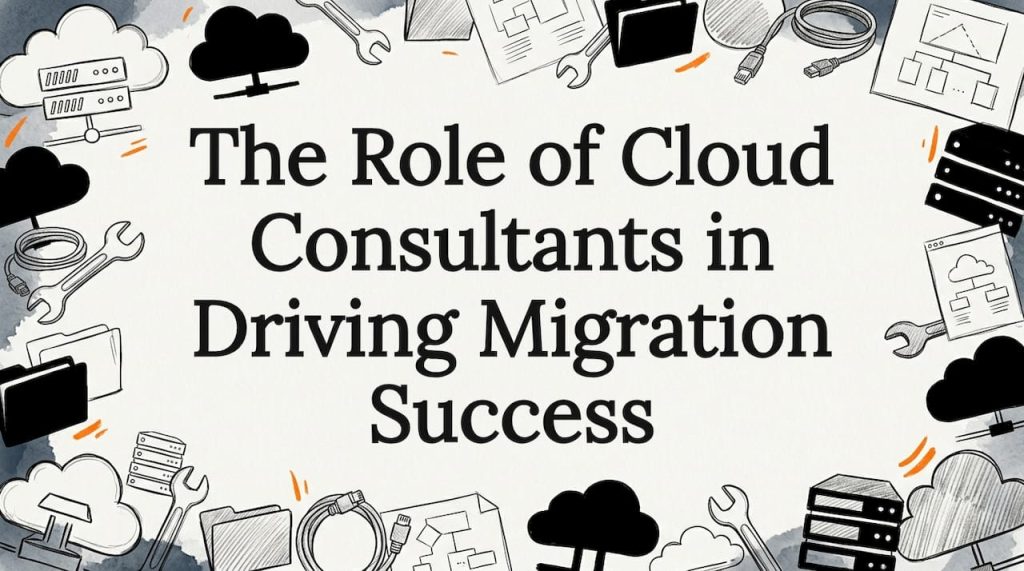 Decorative cloud migration title card illustration