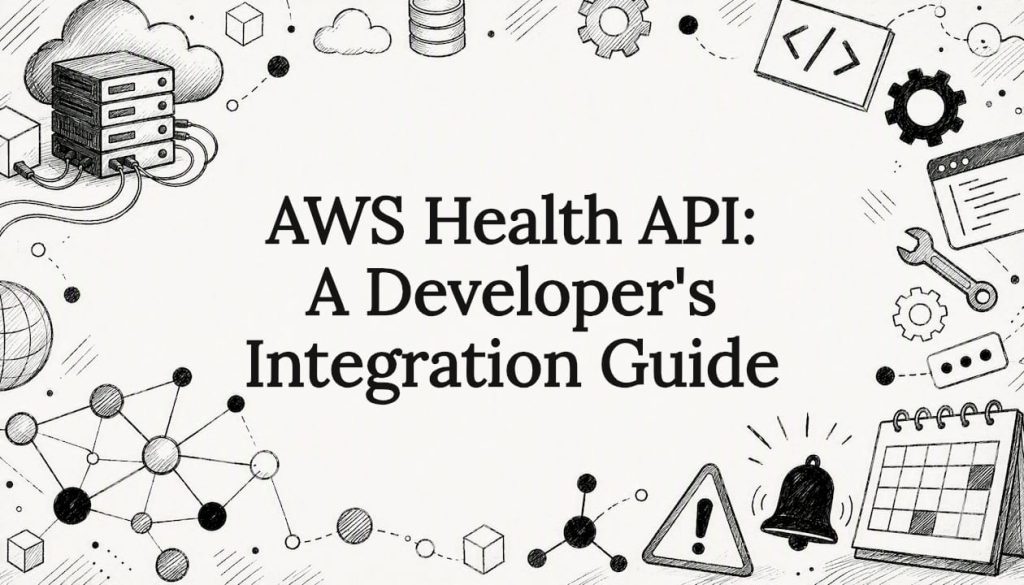 Decorative title card with AWS cloud and developer illustrations